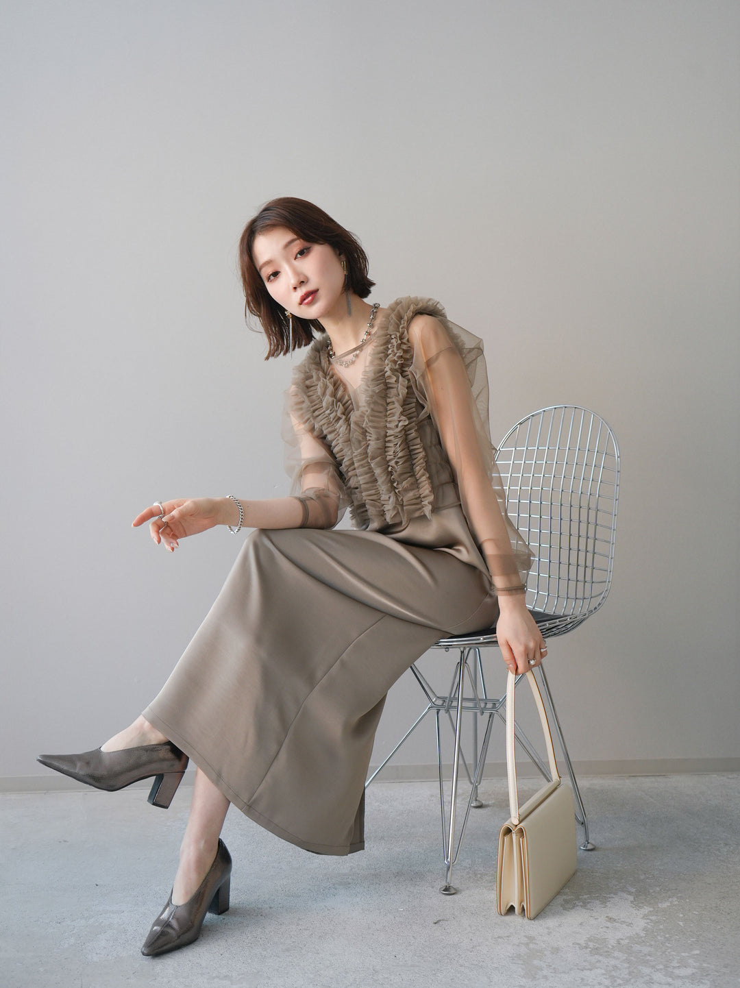 [予約]チュールフリルアンサンブルキャミソールドレス 3点SET/beige