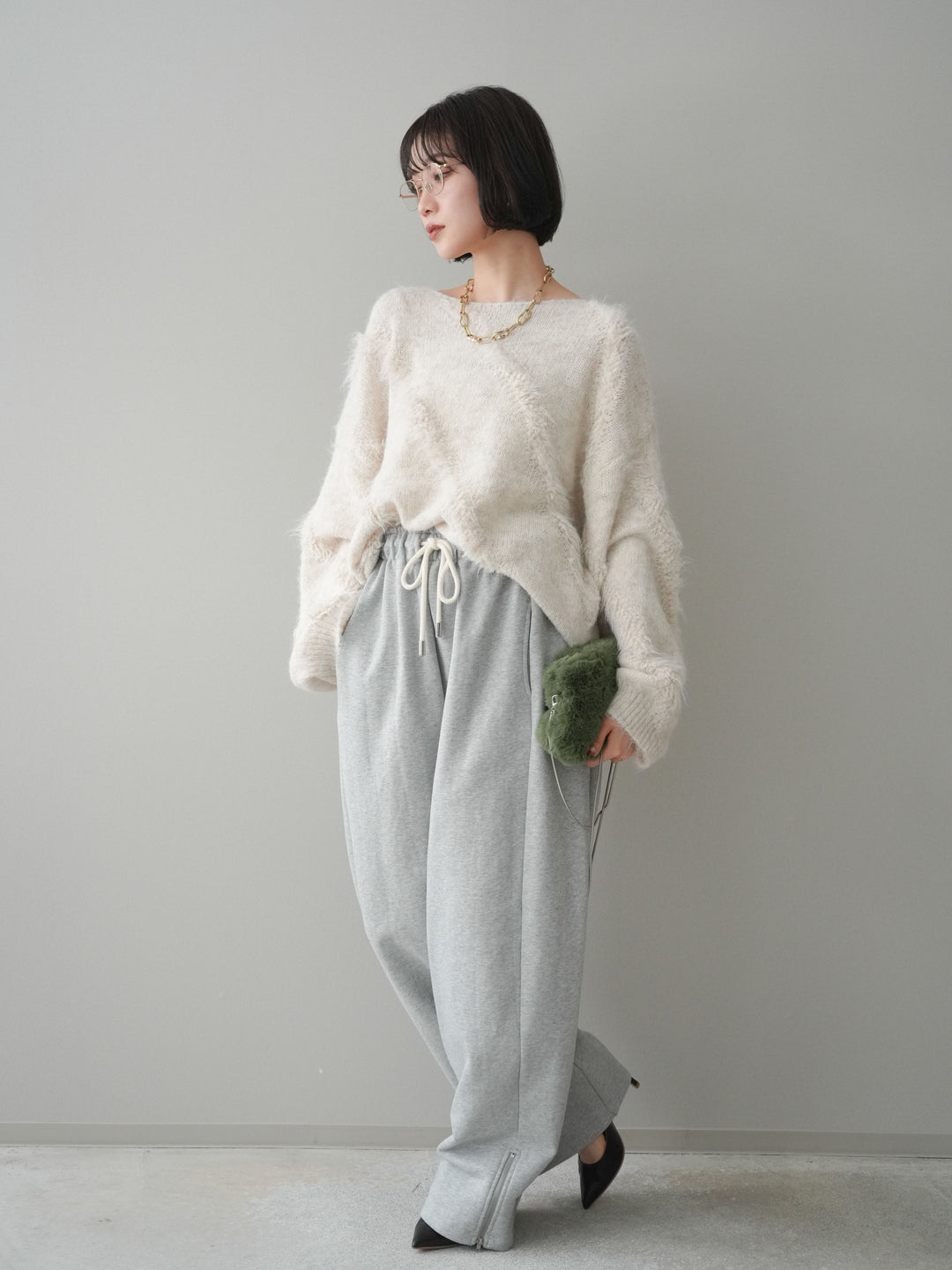 [SET]シャギーデザインニットプルオーバー+裾ZIPスエットワイドパンツ(2set)