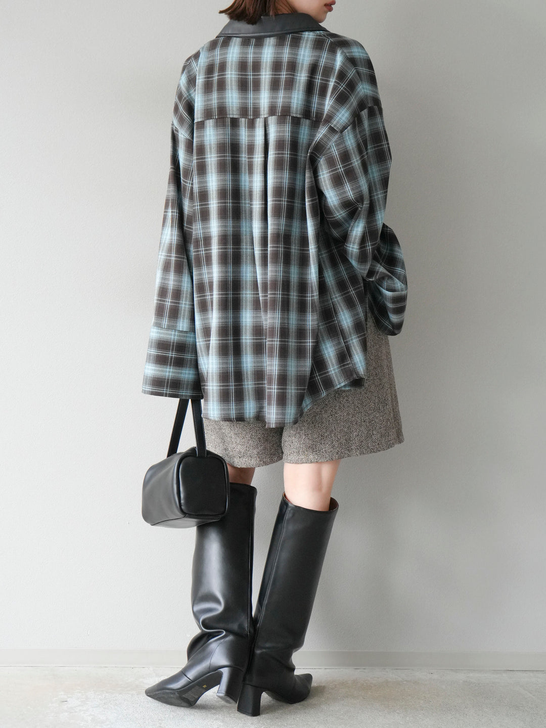 [SET]レザー襟オンブレチェックオーバーシャツ +ツイードハーフパンツ(2set)