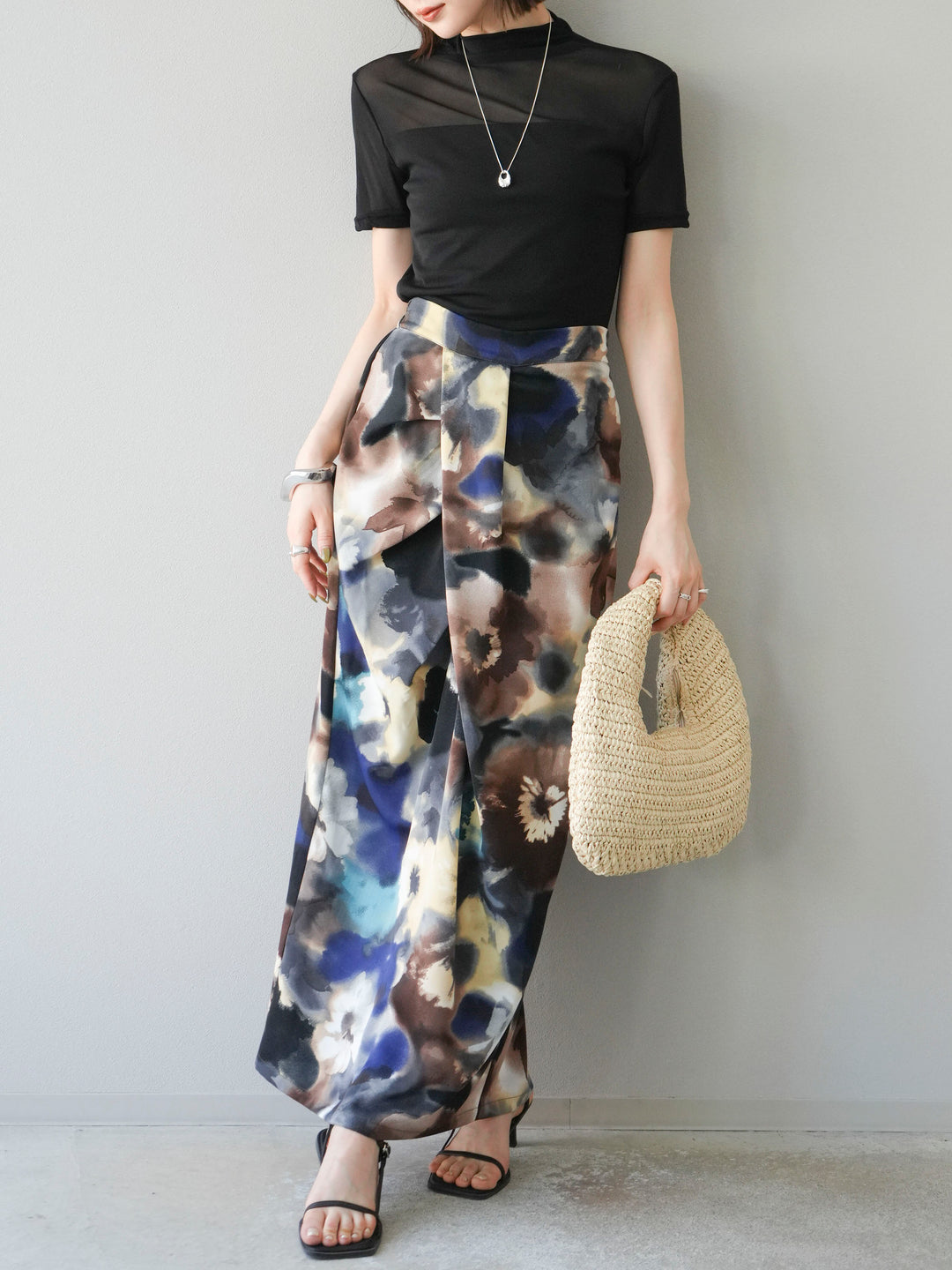 [SET] 透視半袖上衣 + 水彩印花褶襉I字裙 (2set)