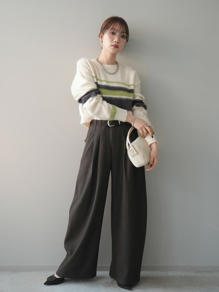 [SET]ソフトタッチボーダークロップドニットプルオーバー+アニマル柄ベルト付きウールタッチワイドパンツ(2set)