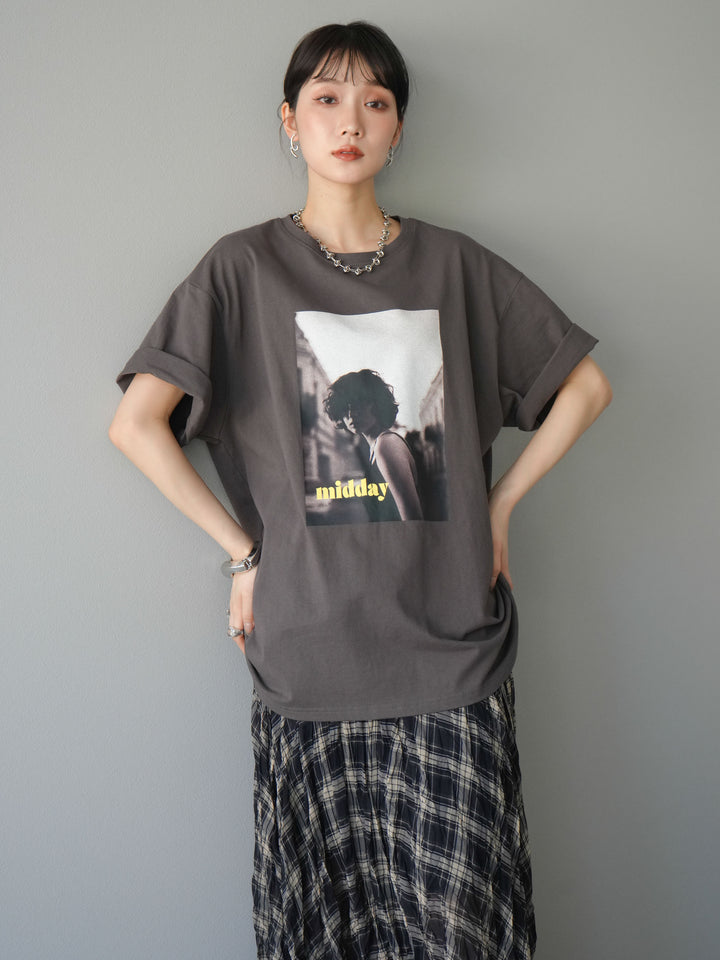 [SET]ネオンロゴフォトプリントBIG Tシャツ+シアーチェックアシンメトリーワッシャースカート(2set)