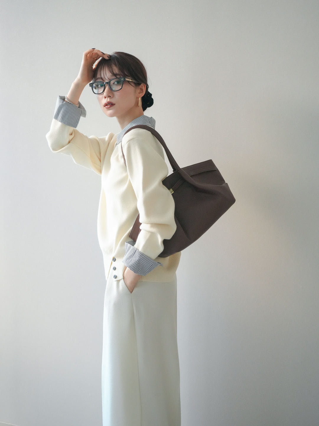 [SET]シャツドッキングデザイン裾ボタンニットプルオーバー+選べるアクセセット(2set)