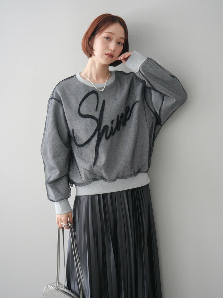 [SET]チュールレイヤードロゴスエットプルオーバー+サテンプリーツマキシスカート(2set)