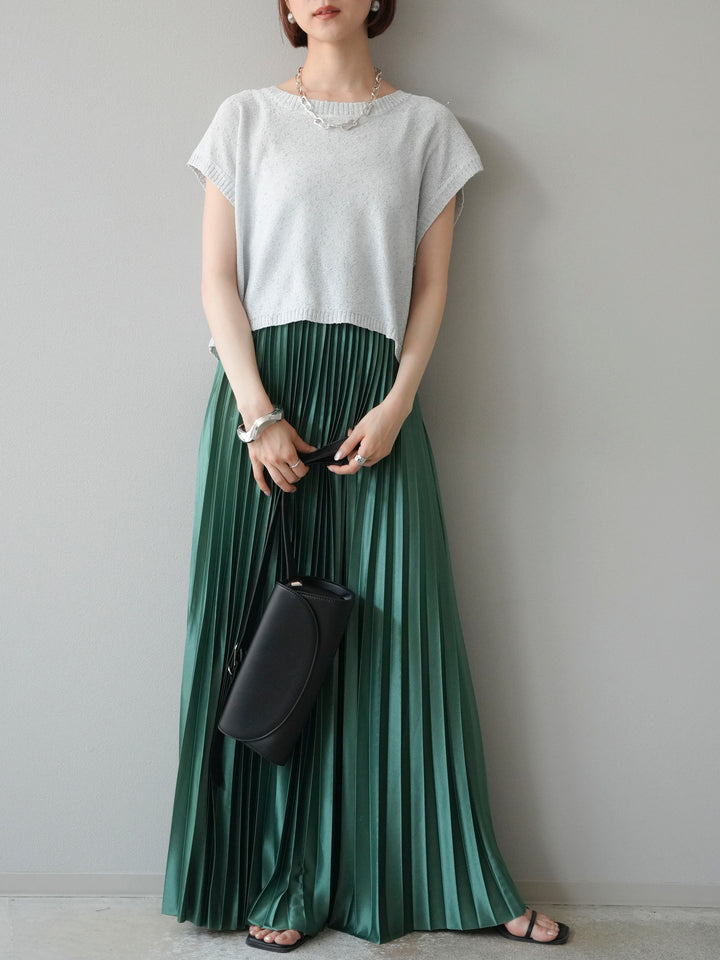 [SET]ネップヤーンクロップドニットベスト+サテンプリーツマキシスカート(2set)