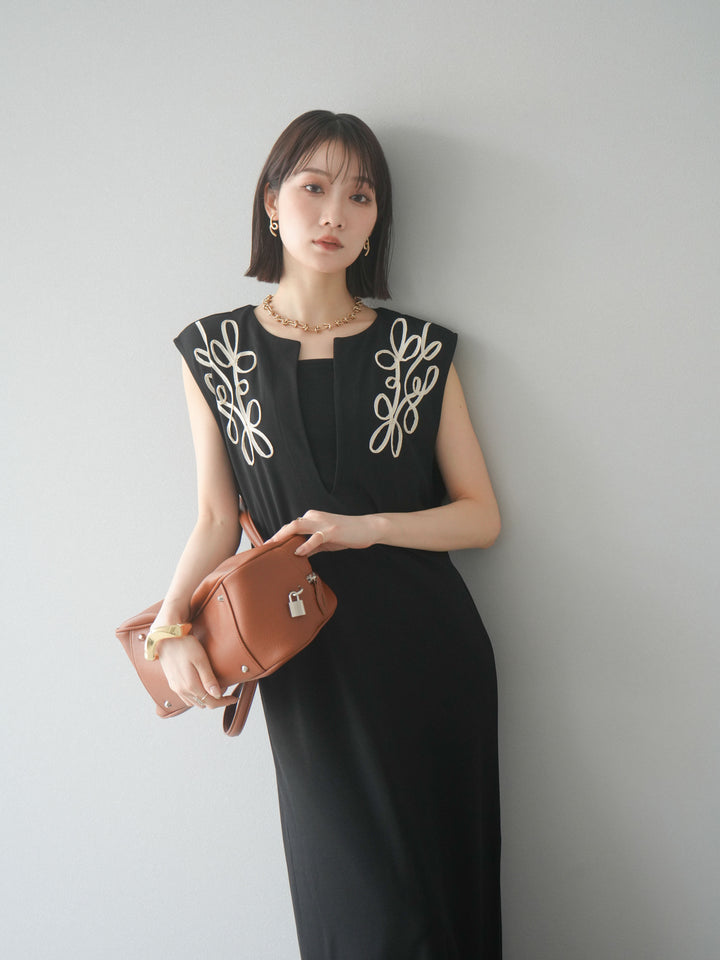 [予約]ライトポンチコード刺繍ワンピース/ブラック