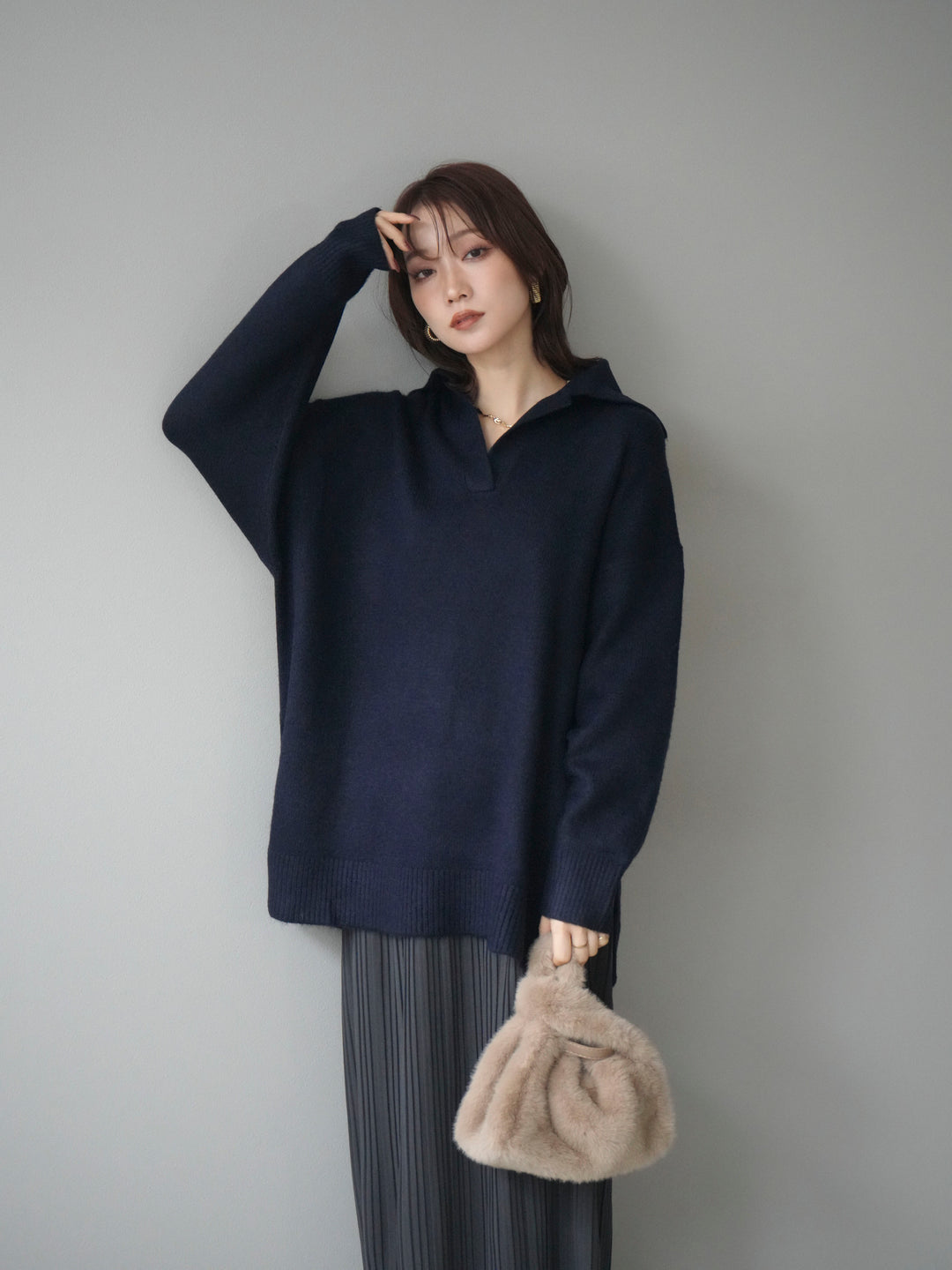 [予約]スキッパーオーバーニットプルオーバー/navy