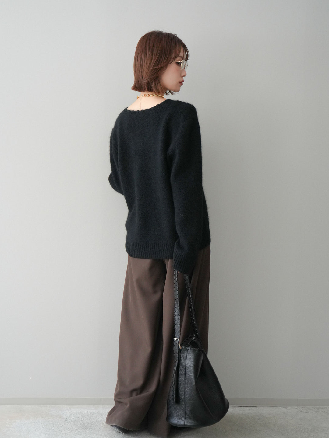 [SET]くるみボタンニットカーディガン+テープベルトタックバギーパンツ(2set)