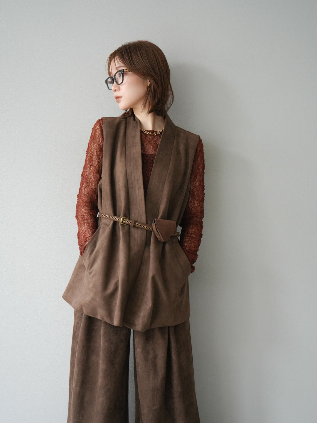 [SET]ポーチベルト付スウェードジレ×パンツSET UP(2set)