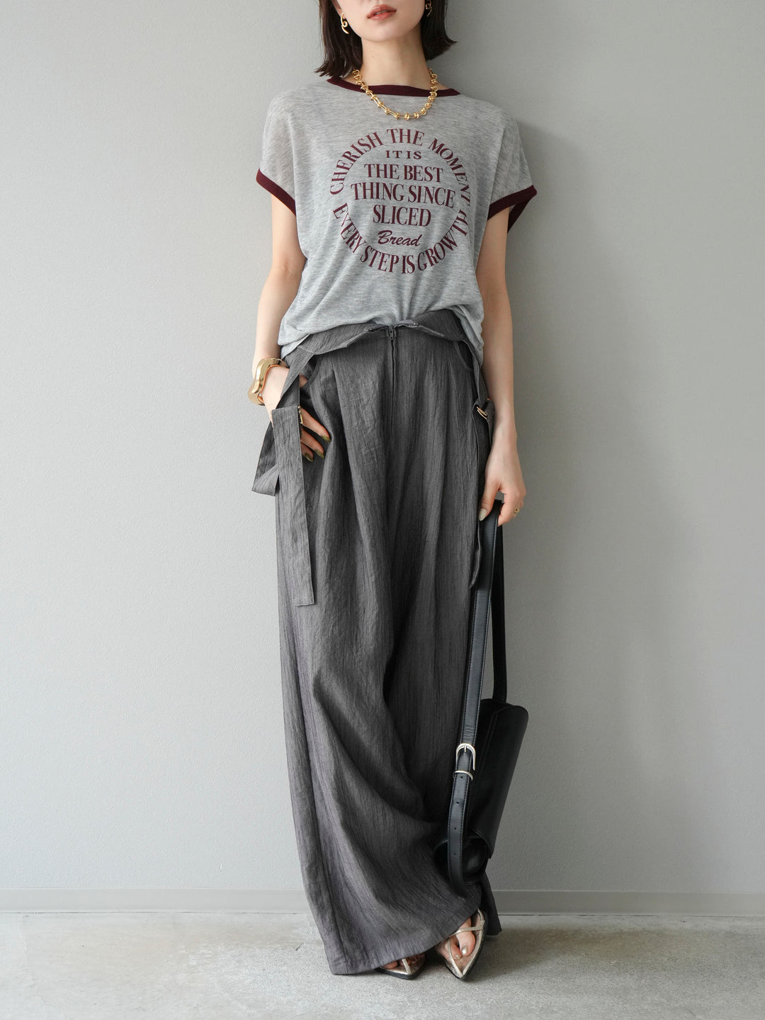 [予約]ストリングデザインハイウエストサロペット/チャコール