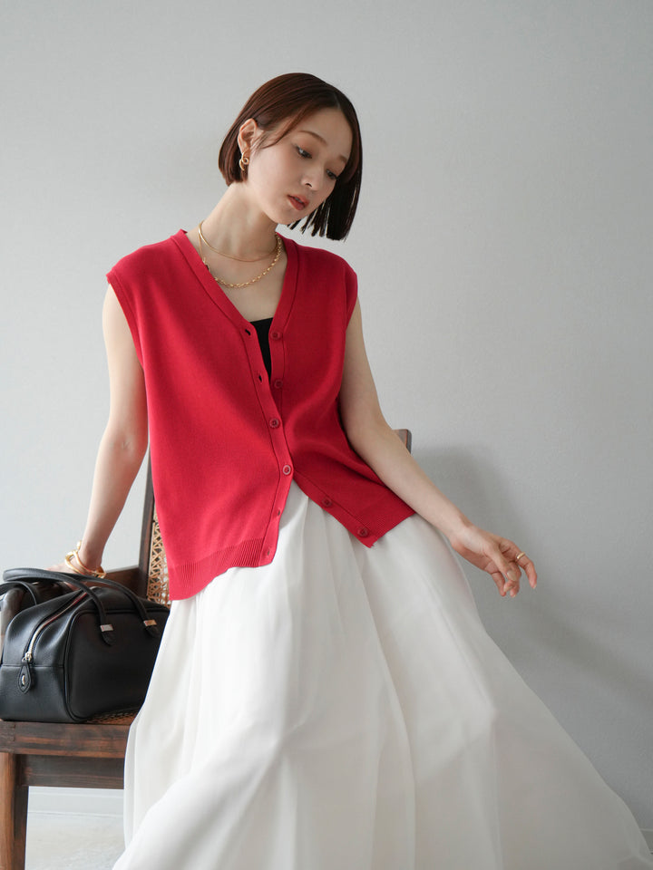 [SET] V領人造絲針織背心+雪紡喇叭裙（2件組）