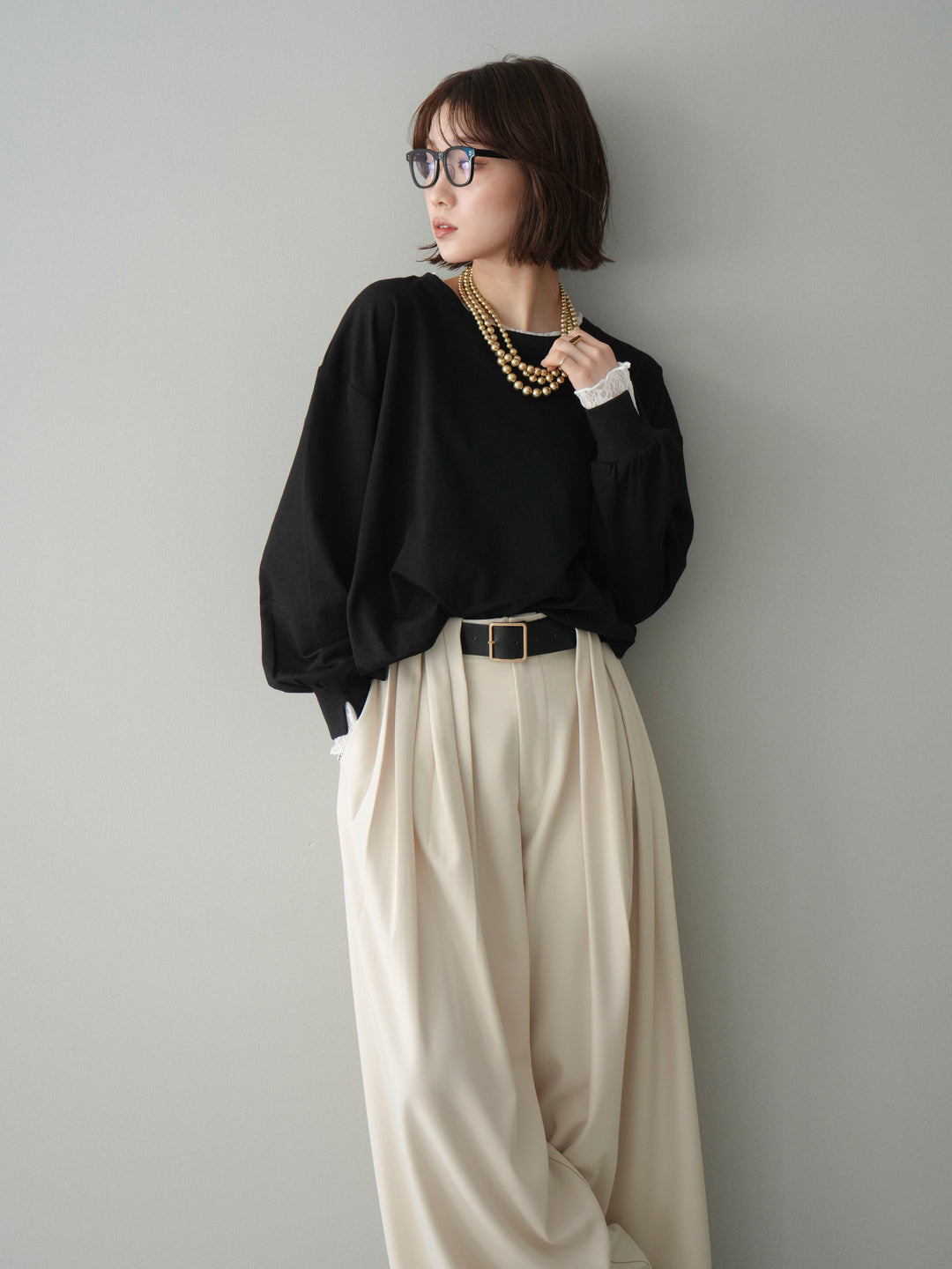 [予約]袖レースカットバルーンプルオーバー/black