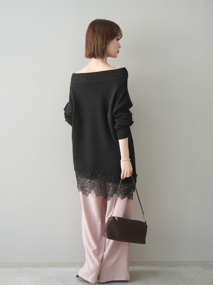 [SET]アシンメトリーレースヘムニットプルオーバー+ベルト付キーホルダーモチーフワイドパンツ(2set)