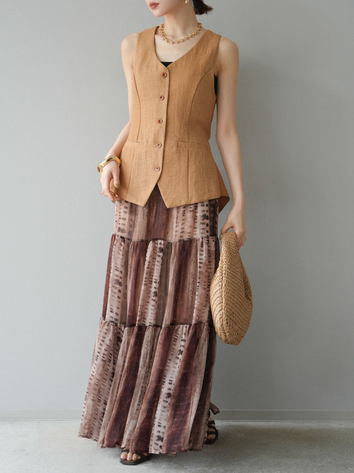 [SET]リネンタッチバックオープンベスト＆ニュアンス柄マキシスカートSET UP(2set)