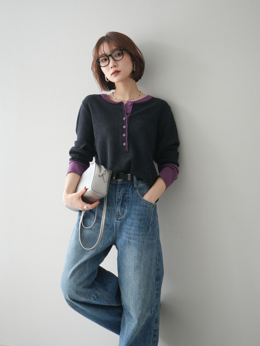 [SET]ヘンリーネック配色ニットソー+選べるアクセセット(2set)