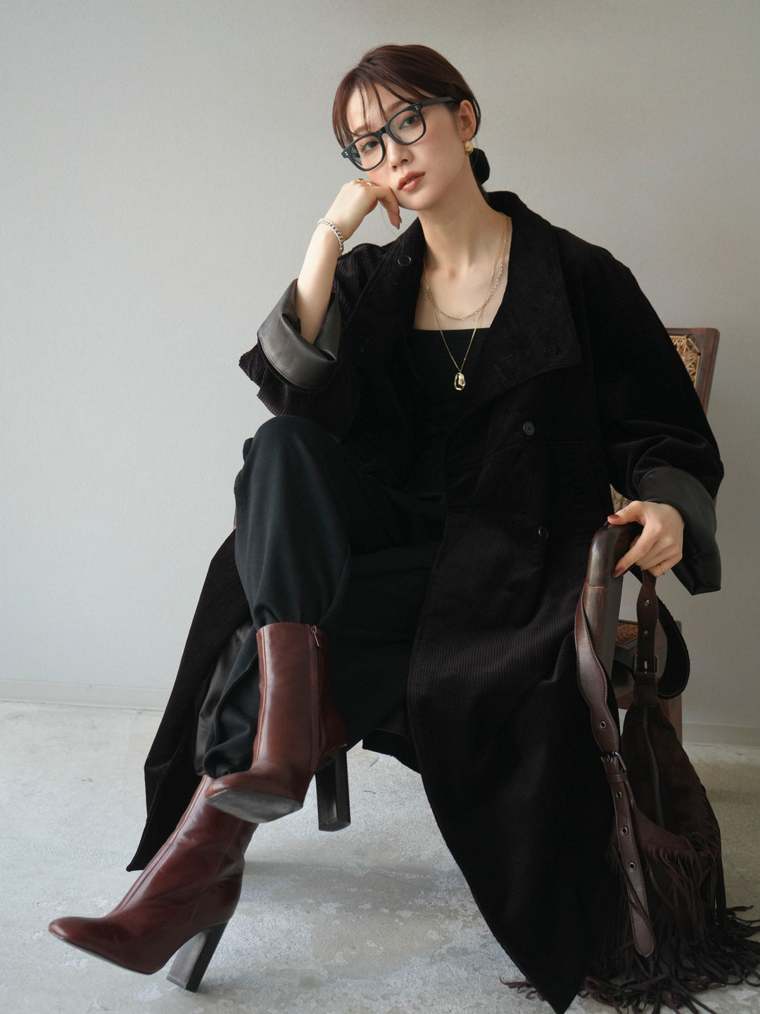 [予約]コーデュロイ折り返しレザーロングコート/brown