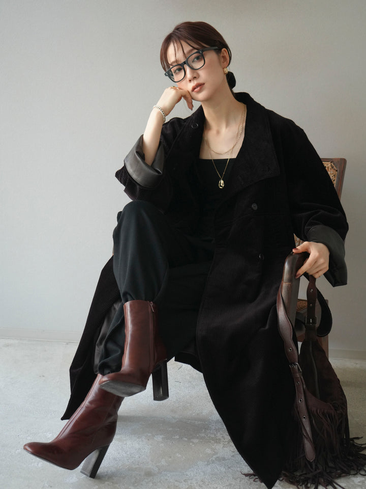 [予約]コーデュロイ折り返しレザーロングコート/brown