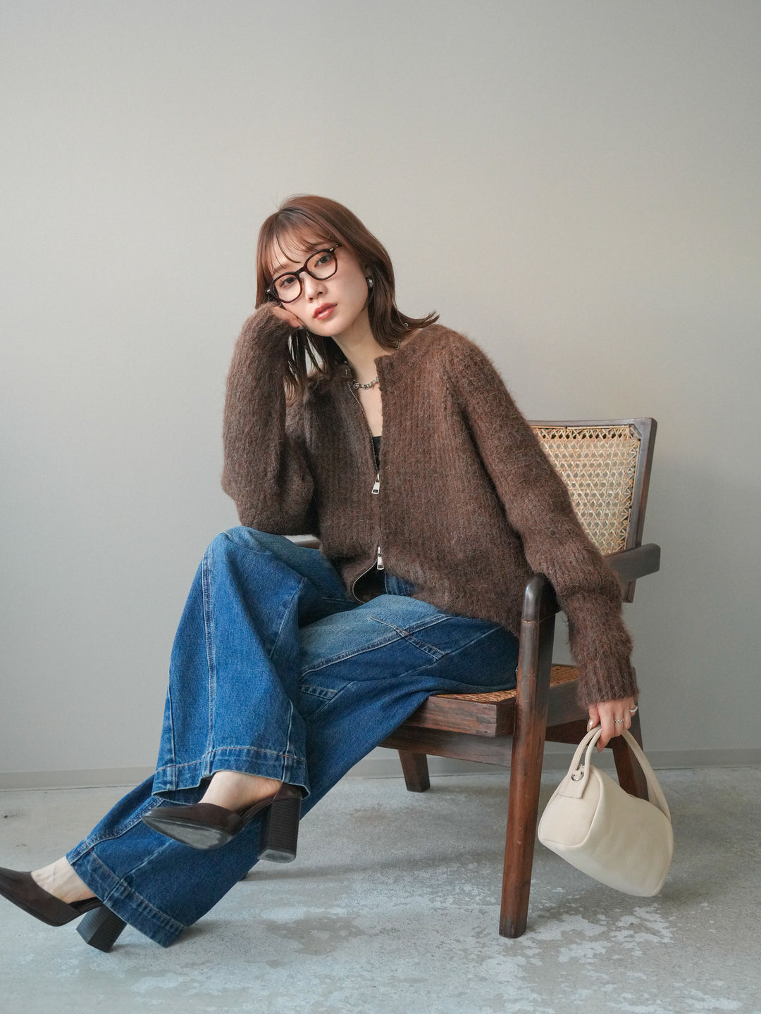 [予約]MIXヤーンモヘアタッチZIPニットカーディガン/brown