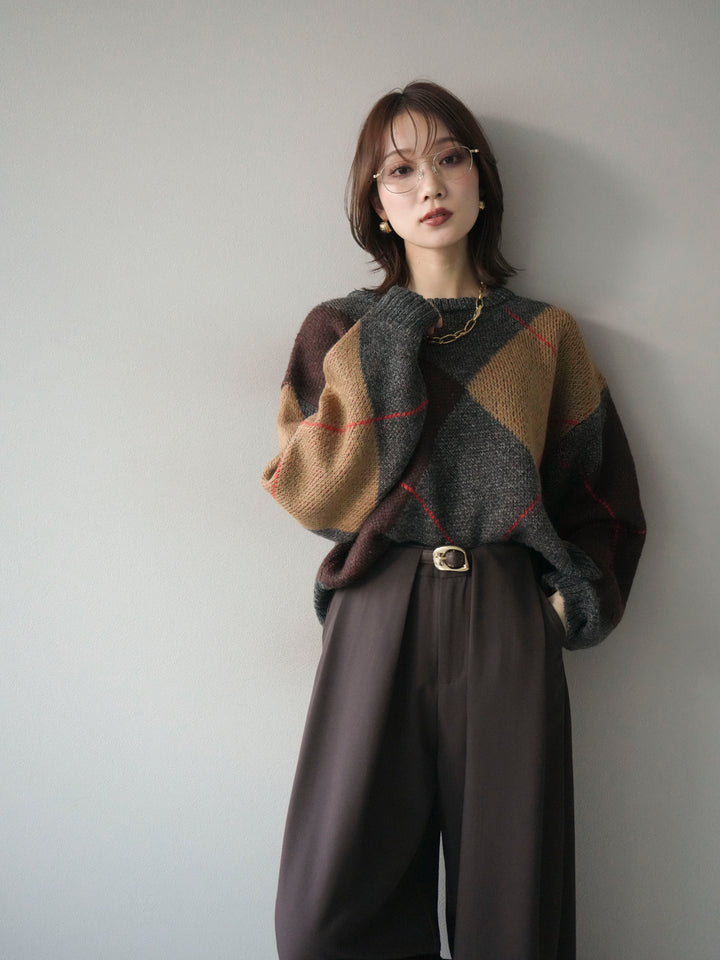 [SET]配色ステッチアーガイル柄ニットプルオーバー+選べるアクセセット(2set)