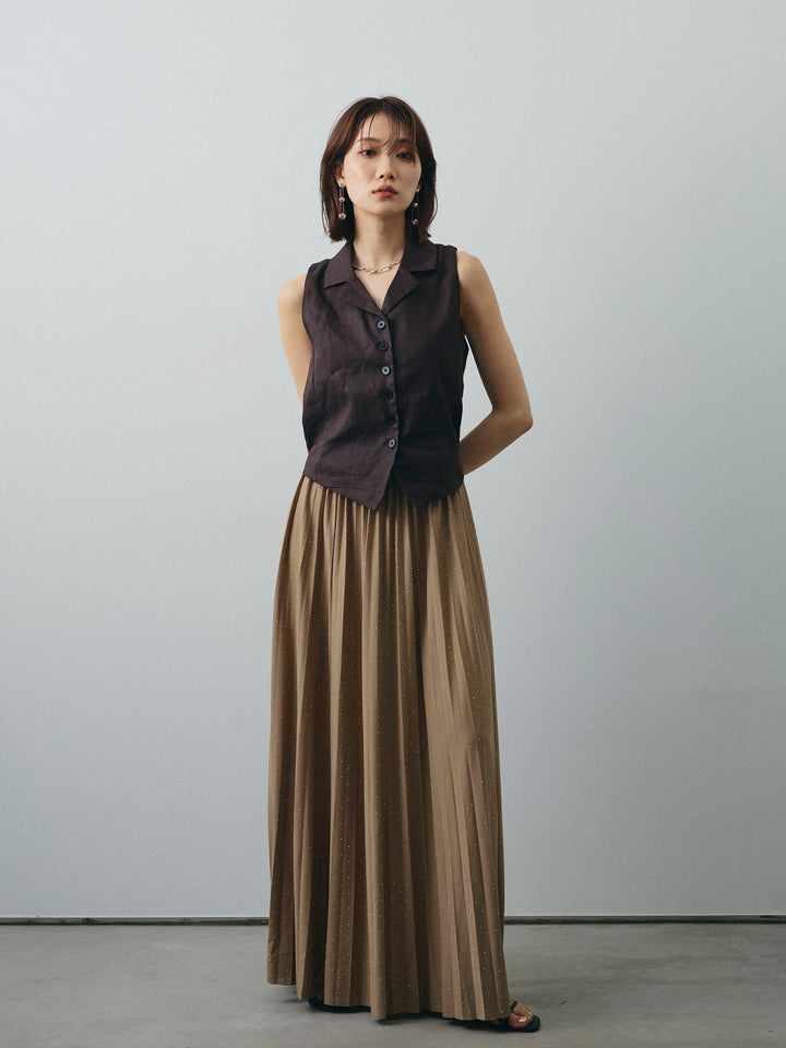 [予約]ラインストーンプリーツスカート/ベージュ