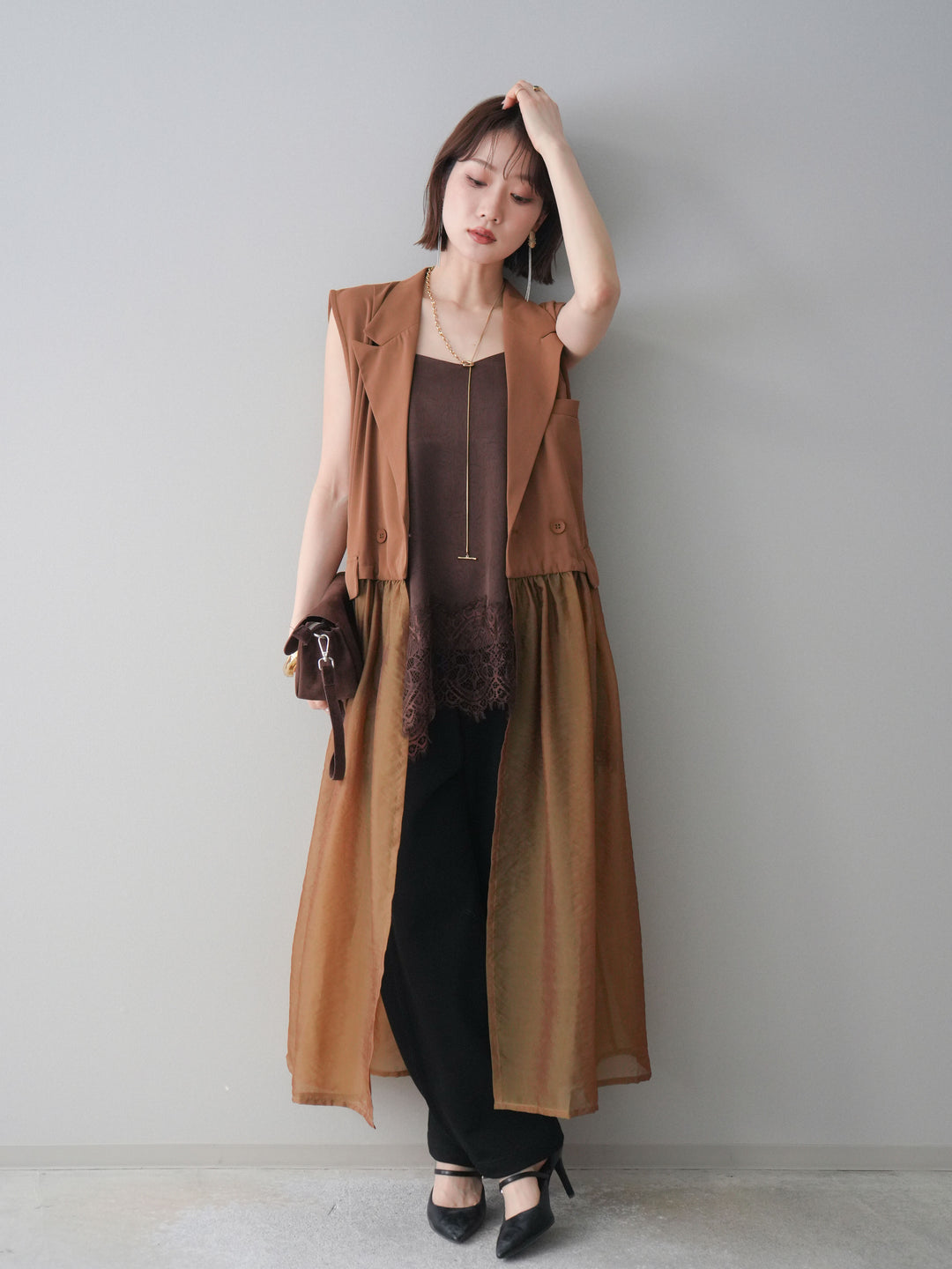 [SET]シアーレイヤードテーラードロングジレ+レーストリムキャミソール+2WAYデザインスウェットパンツ(3set)