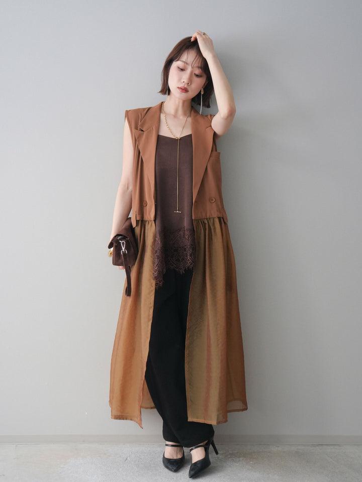 [SET]シアーレイヤードテーラードロングジレ+レーストリムキャミソール+2WAYデザインスウェットパンツ(3set)