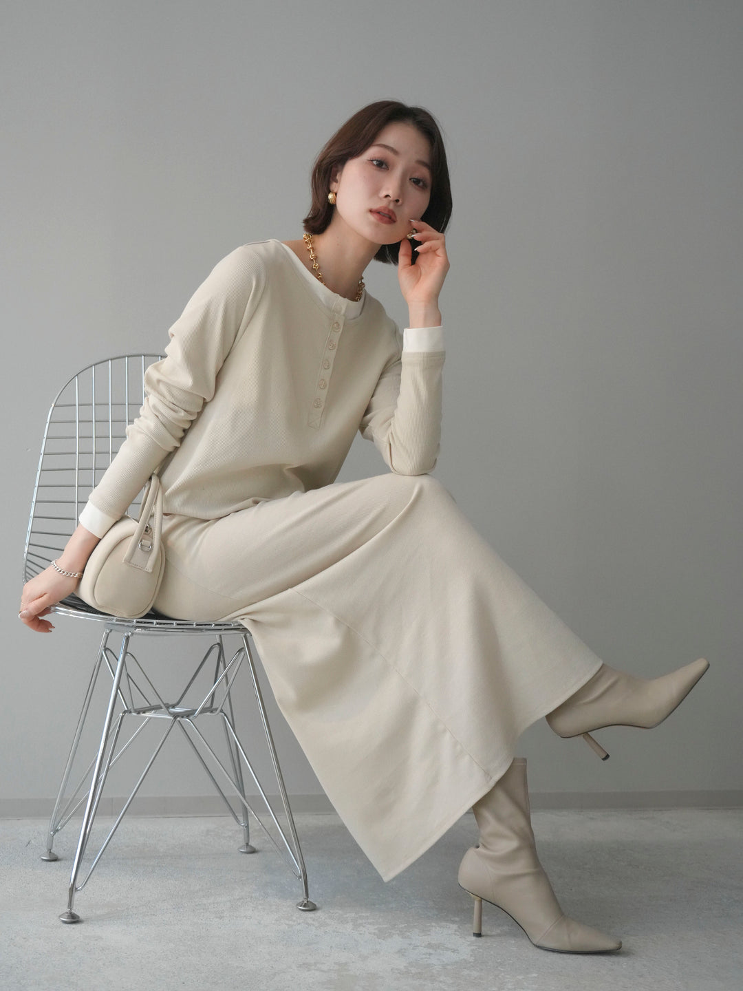 [SET]配色レイヤードヘンリーネックカットリブワンピース+配色レイヤードヘンリーネックカットリブワンピース(2set)