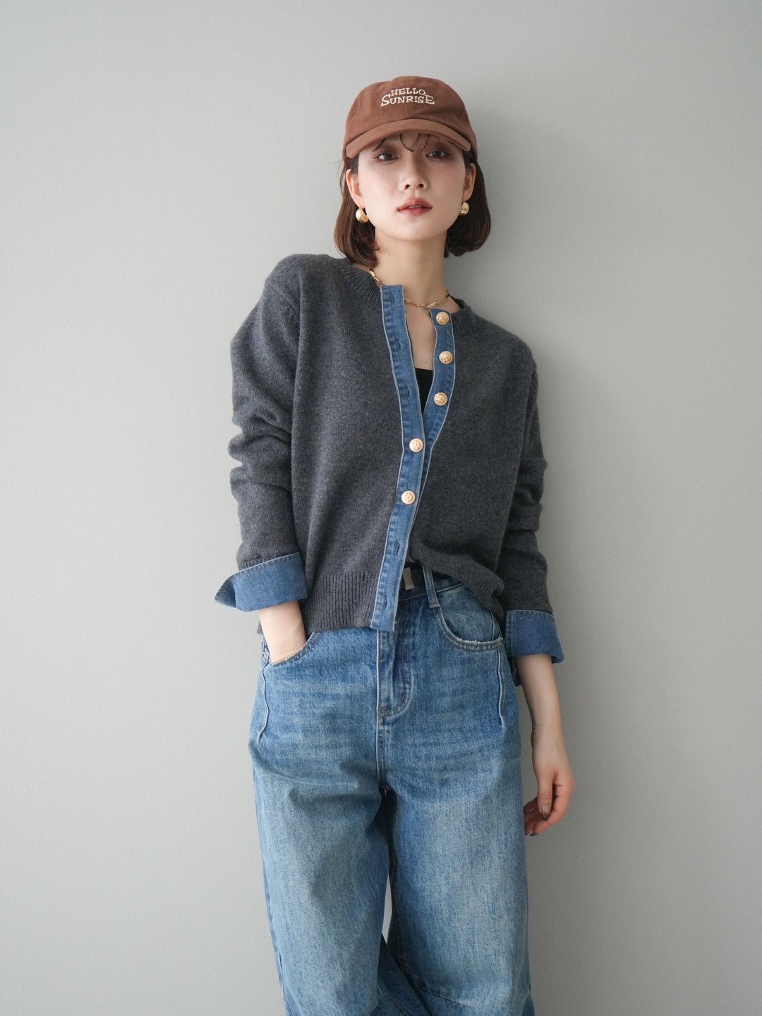 [SET]クルーネックデニムドッキングニットカーディガン+選べるアクセセット(2set)