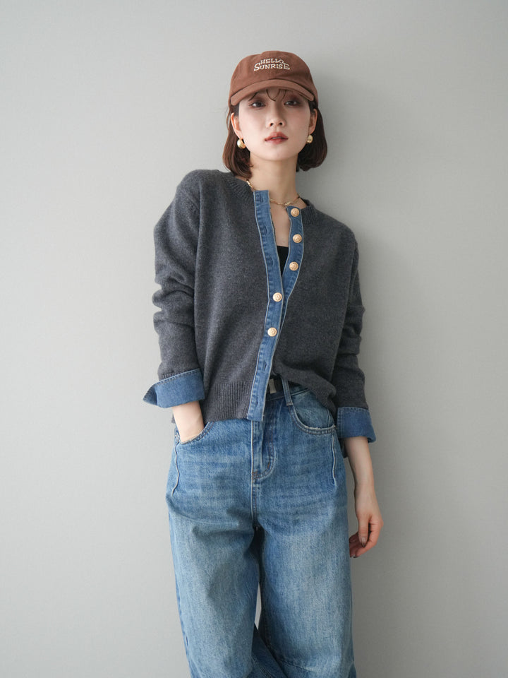 [SET]クルーネックデニムドッキングニットカーディガン+選べるアクセセット(2set)