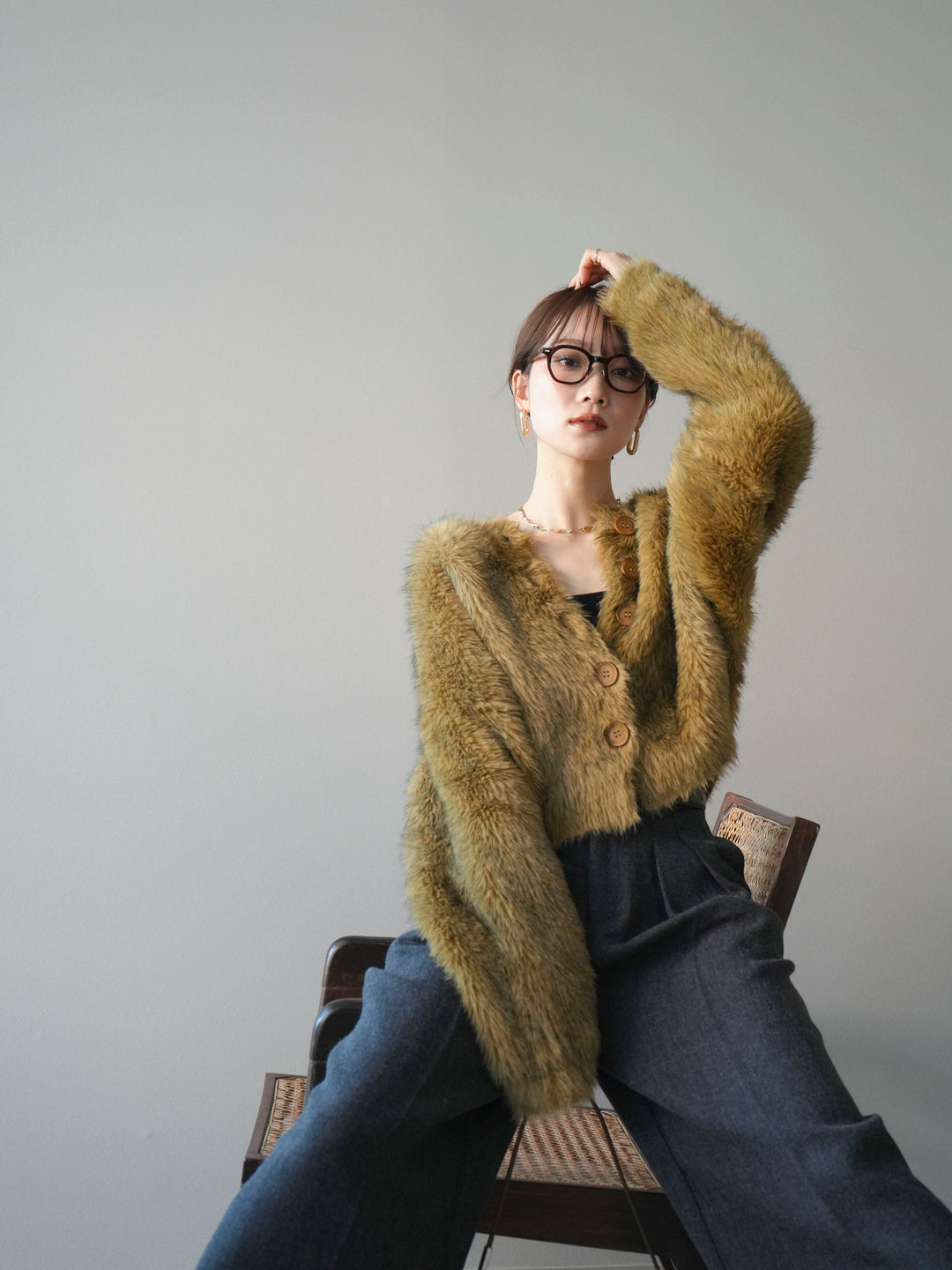 [予約]ミックスシャギーショートニットカーディガン/green