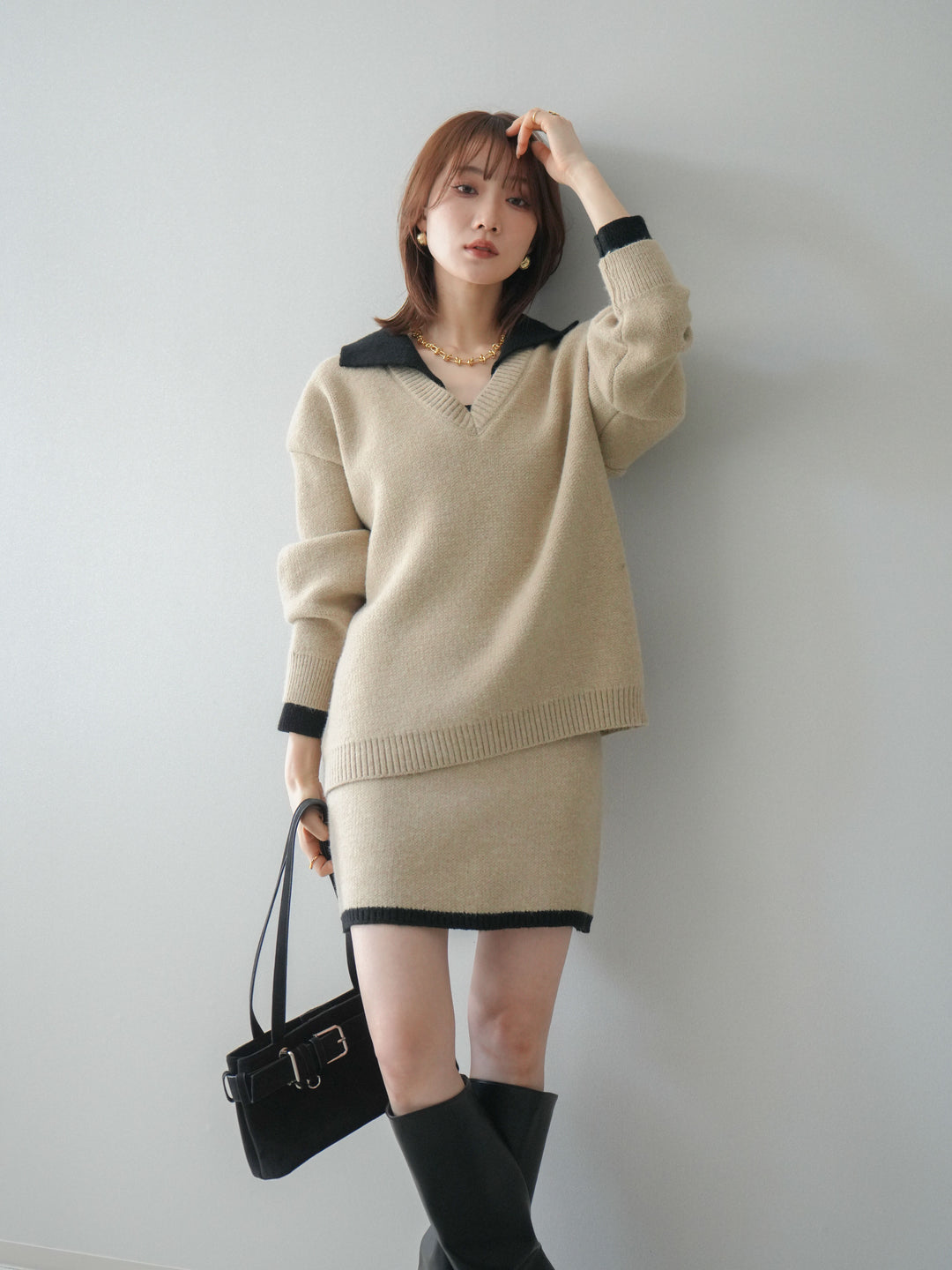 [SET]配色襟ニット＆ミニスカートSET UP(2set)