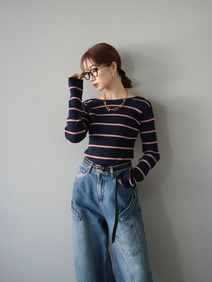 [予約]バックオープンボーダーテレコリブトップス/ネイビー