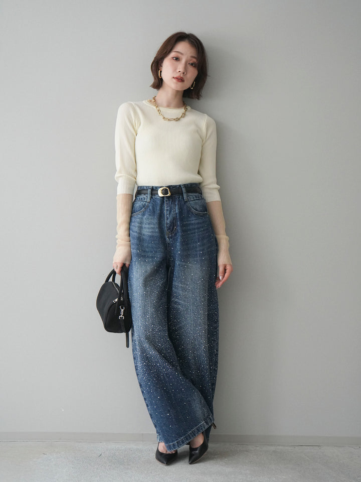 [SET]リブラメシアー切替リブニットトップス+ラインストーンカーブデニムパンツ(2set)