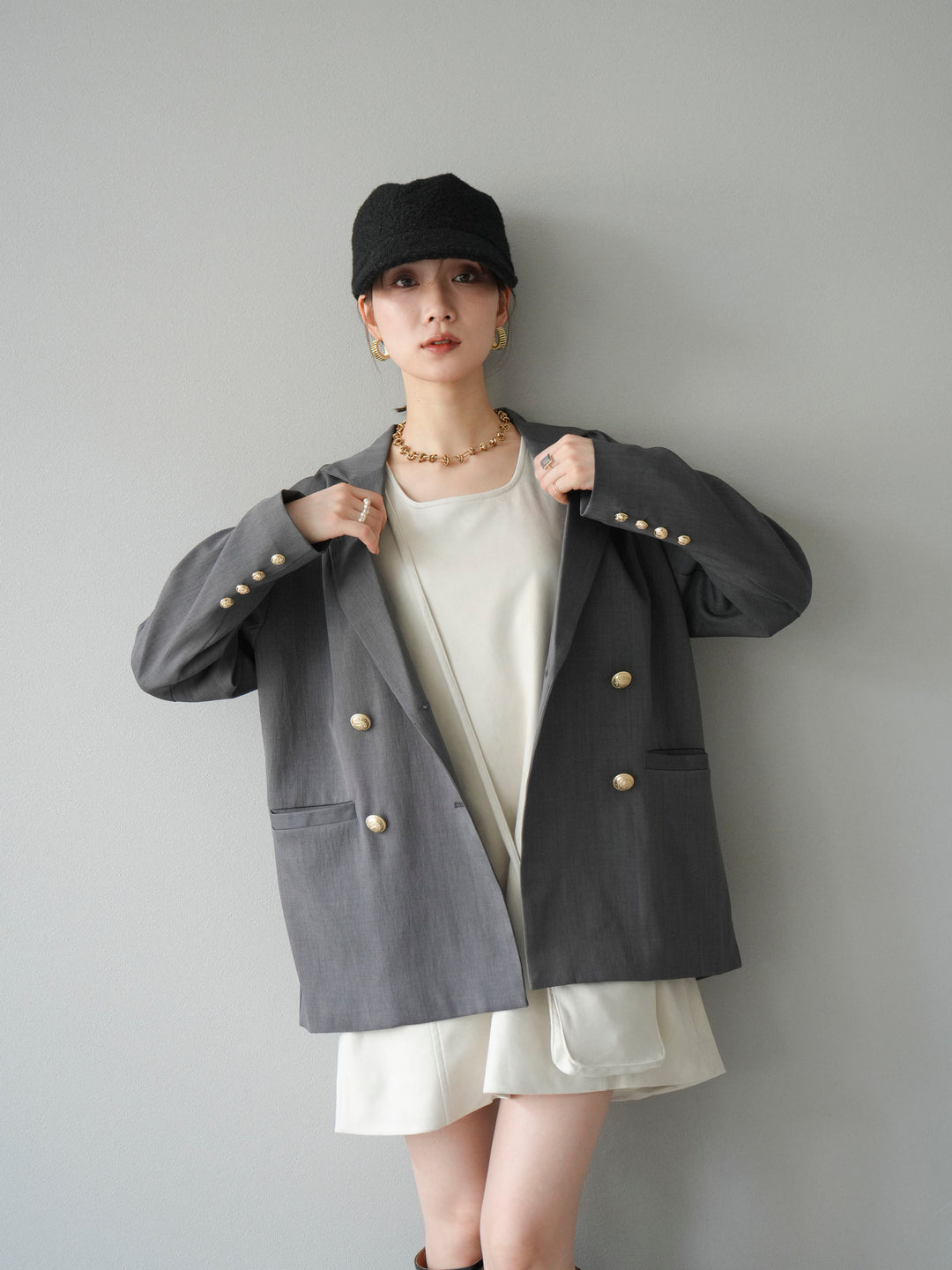 [SET]ゴールドボタンツイルダブルテーラードジャケット+ショルダーポーチ付スウェードミニワンピース(2set)