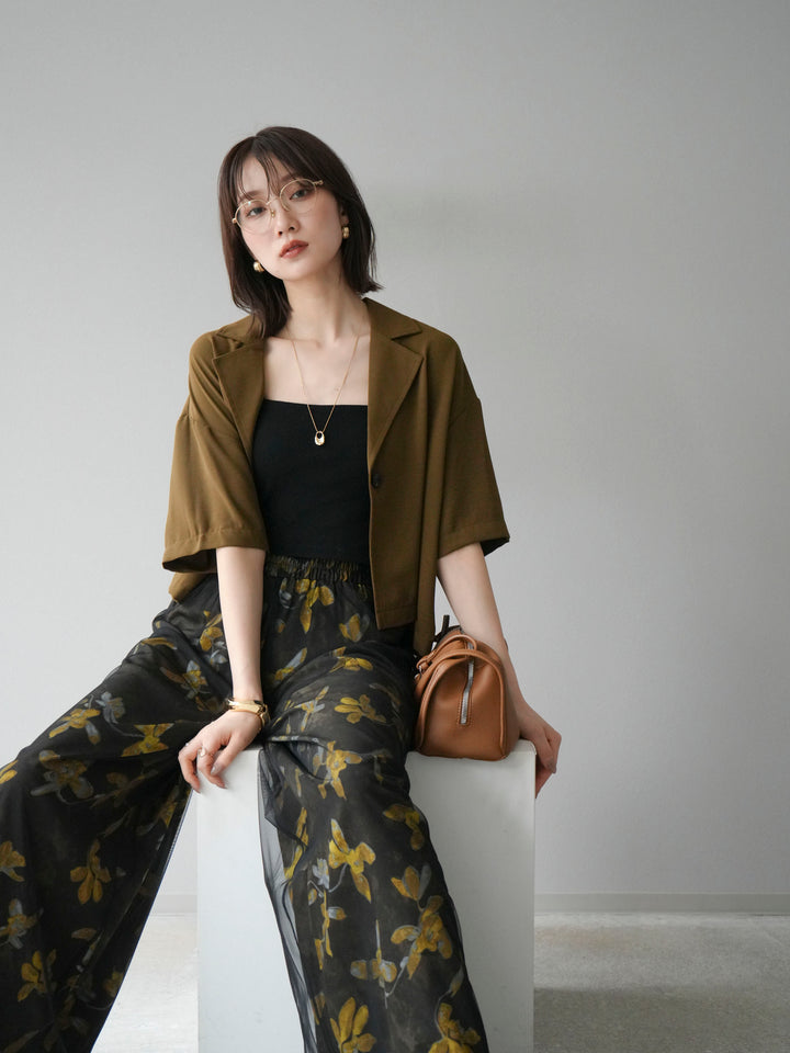 [SET]ハーフショートジャケット+フラワープリントチュールレイヤードパンツ(2set)