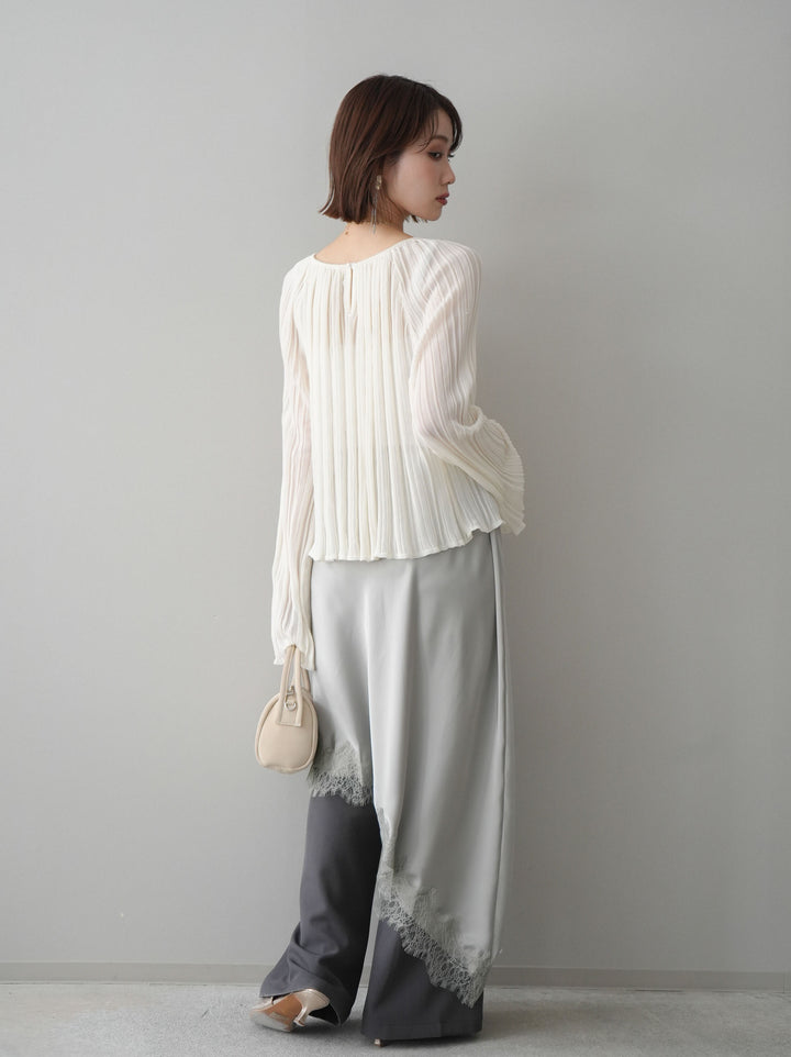 [SET]プリーツシアーフレアスリーブニットトップス+センターシームフレアパンツ(2set)