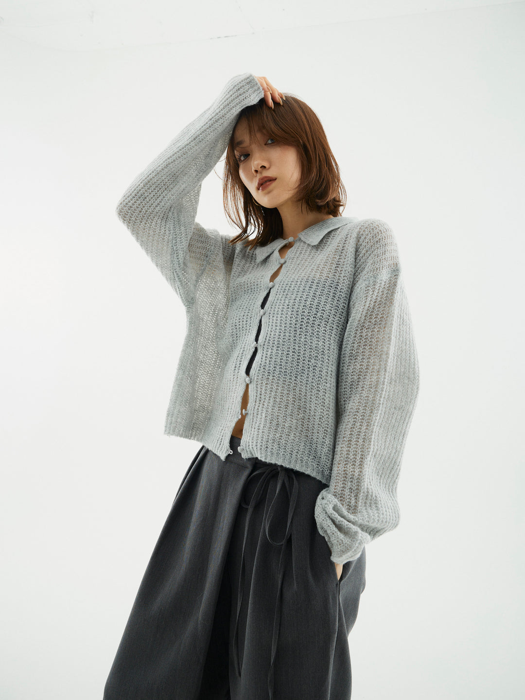 【Allure】[SET]起毛片畦編みシアーポロニット+ラップデザインタックワイドパンツ(2set)