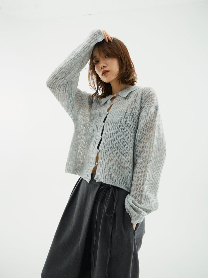 【Allure】[SET]起毛片畦編みシアーポロニット+ラップデザインタックワイドパンツ(2set)