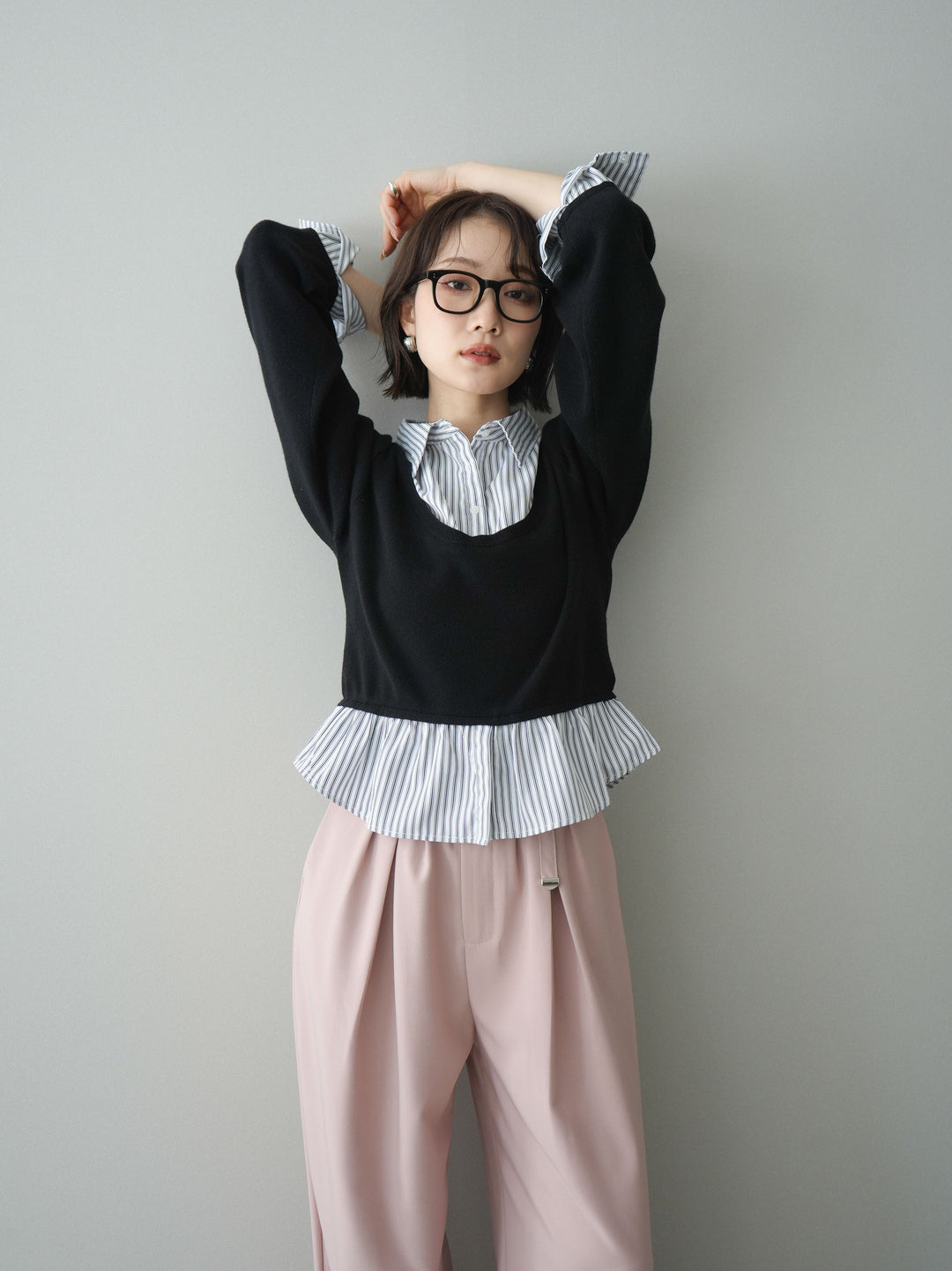 [SET]ストライプシャツUネックドッキングニットプルオーバー+選べるアクセセット(2set)