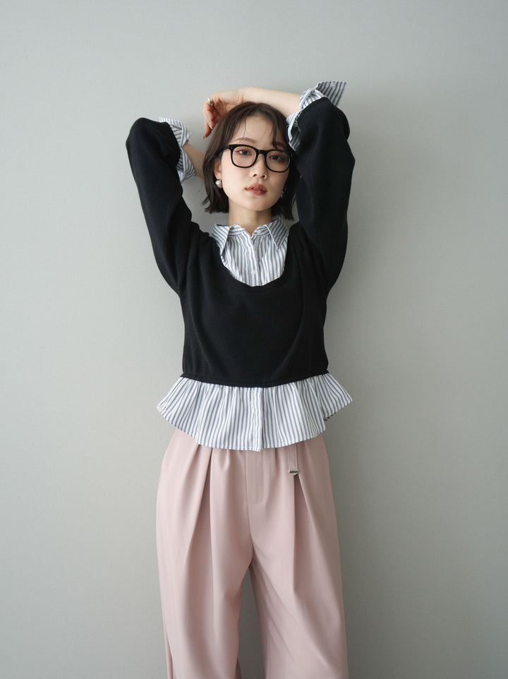 [SET]ストライプシャツUネックドッキングニットプルオーバー+選べるアクセセット(2set)