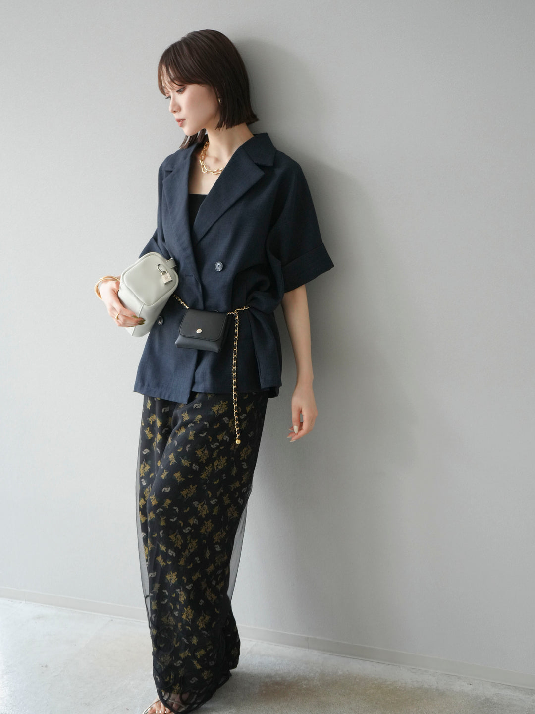 [SET]コード刺繍チュールレイヤードパンツ+ブーケプリントタックパンツ(2set)