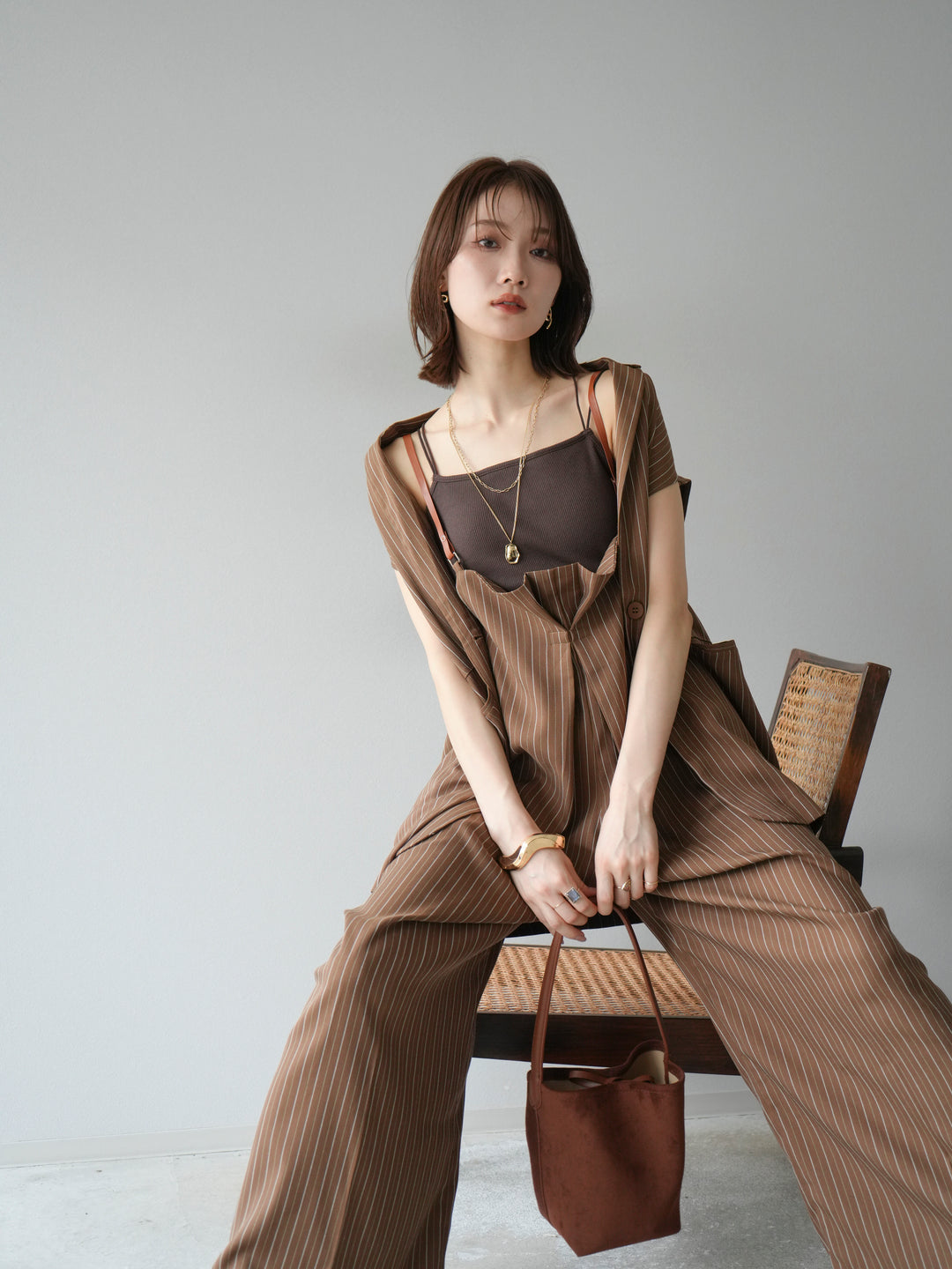 [SET]ヘリンボーンストライプジレ+ヘリンボーンストライプサロペット(2set)