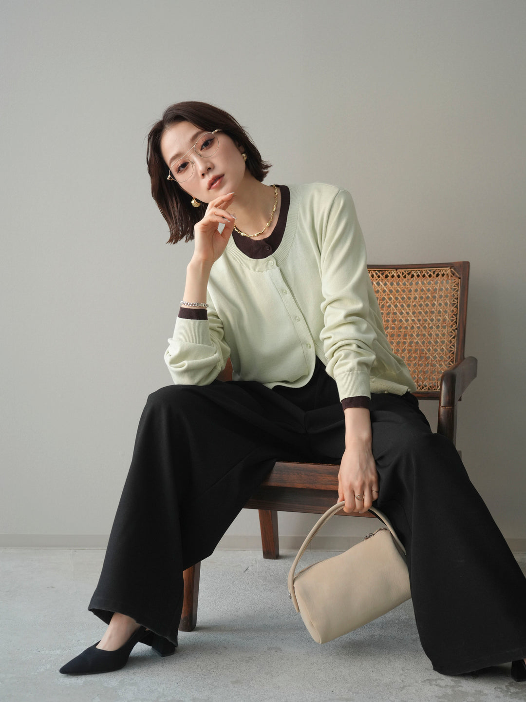 [予約]配色レイヤードコットンアクリルニットカーディガン/mint