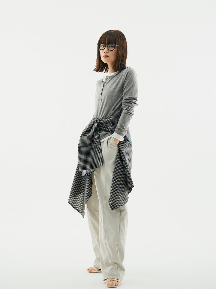 【Allure】[SET]配色レイヤードヘンリーネックトップス+タフタワイドカーブパンツ(2set)