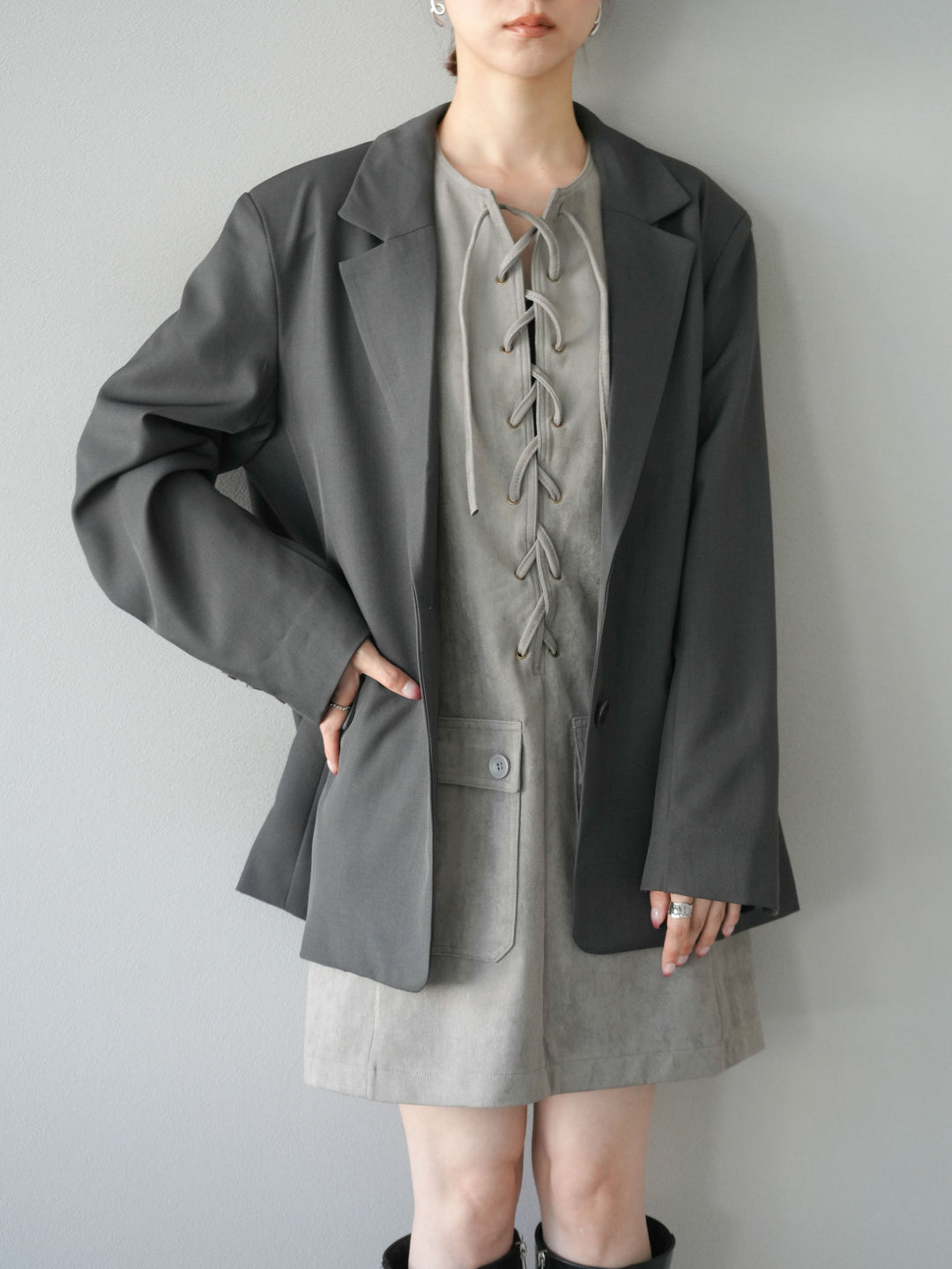 [予約]レースアップスエードミニワンピース/グレー
