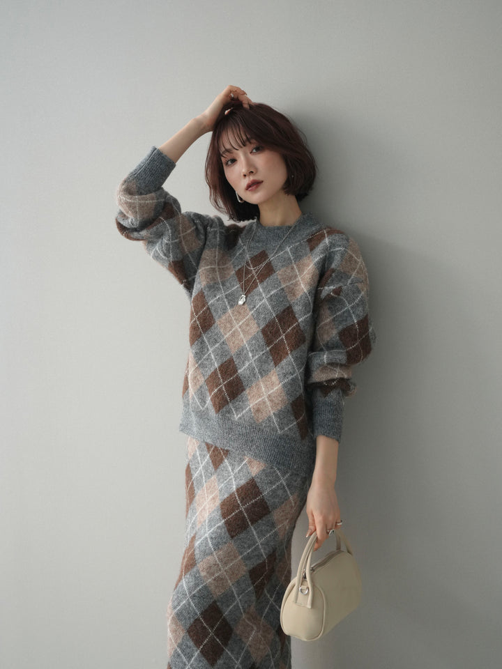 [SET]アーガイルニットプルオーバー&ロングスカートSET UP+選べるアクセセット(2set)