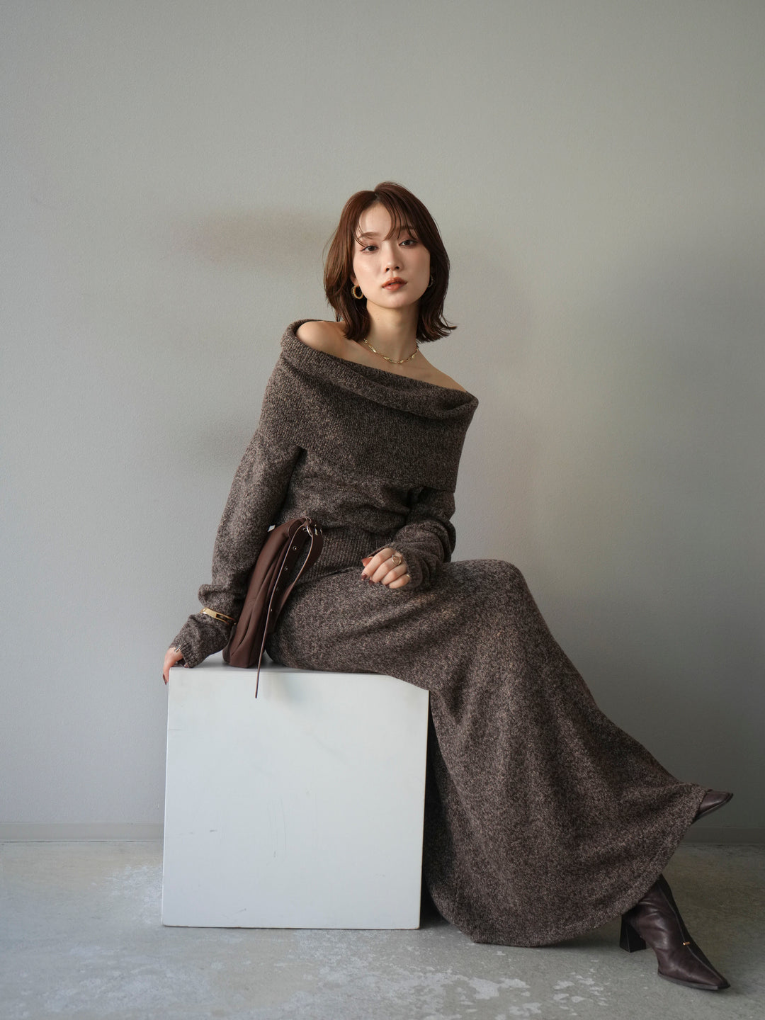 [予約]ミックスヤーンオフショルニットプルオーバー/ブラウン