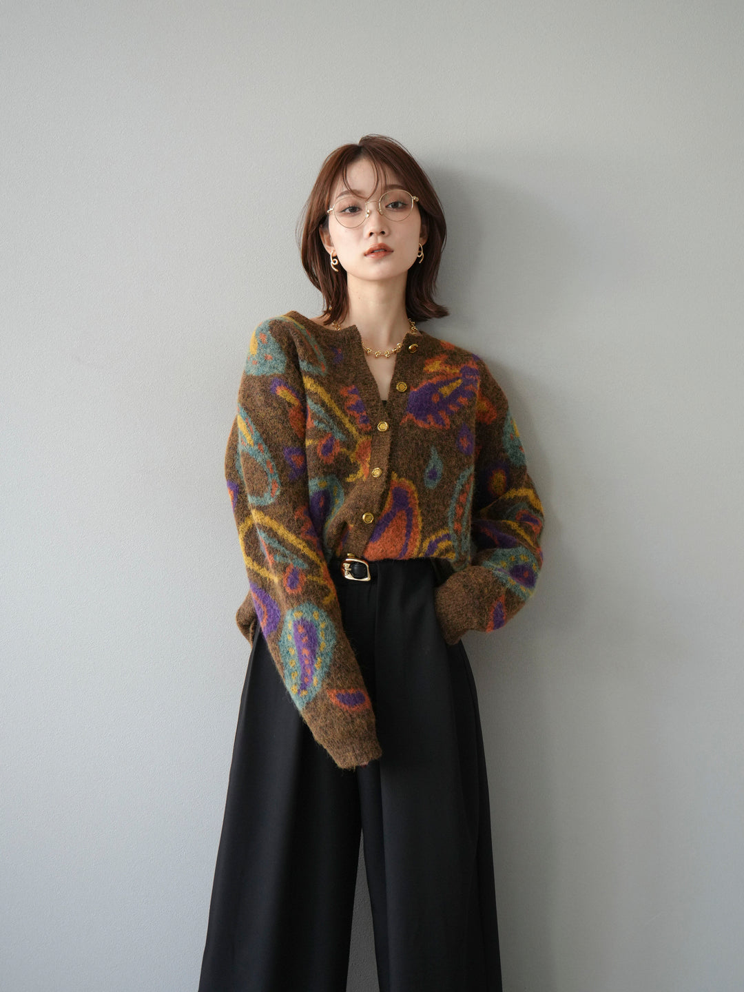 【着回しセット】[SET]求心柄クロップドニットカーディガン+ミックスヤーンペイズリー柄ニットカーディガン+ベルトループデザインワイドパンツ(3set)