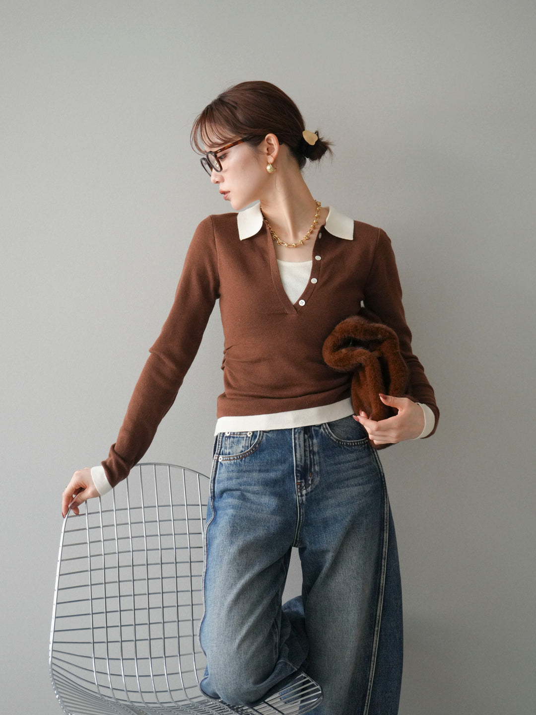 [予約]レイヤード配色ポロニットトップス/brown