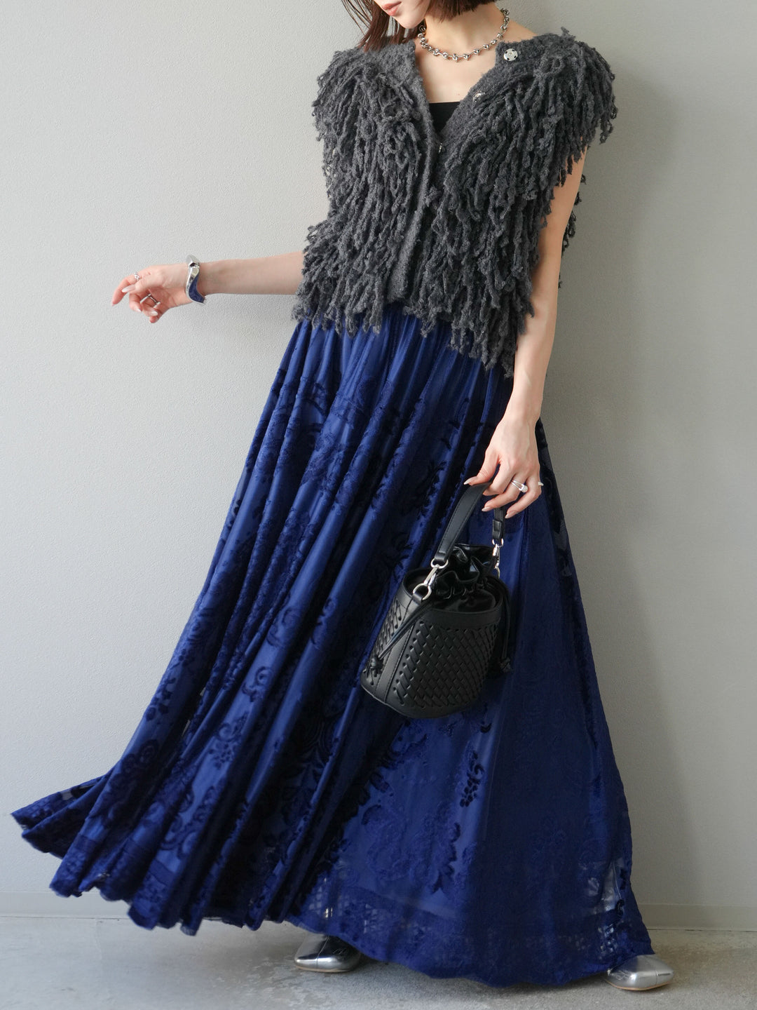 [予約]フリンジループニットベスト/チャコール